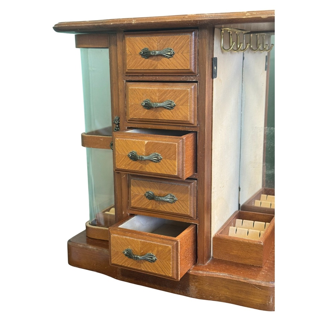 Vintage Wood Jewelry Armoire 5 Drawer Necklace Carousel Mirrored Chest - Picture 3 of 9